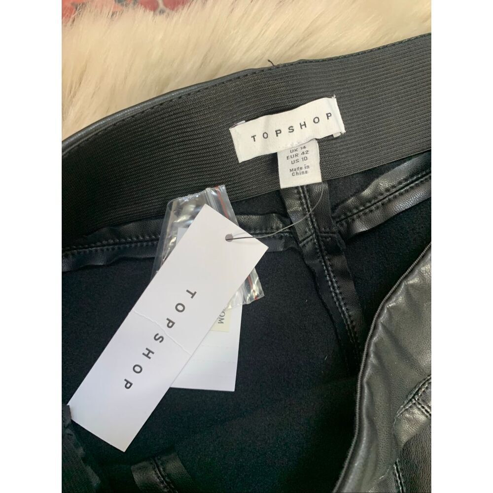 NWT TopShop Black  Faux Leather Pleated Skinny Pull-Up Lined Pants 14 - Picture 3 of 8